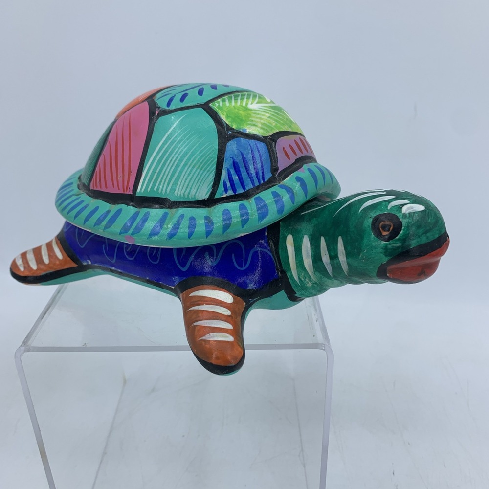 Pottery Turtle Lidded Trinket Box Hand Painted Colorful Mexican Boho Folk‎ Art